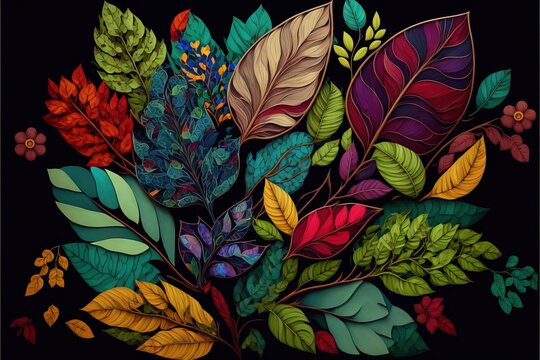  a painting of a bunch of leaves on a black background with a black background and a black background with a black background. Generative AI