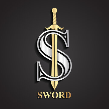 3d gold sword silver S logo