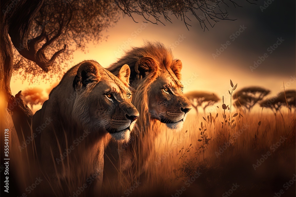 Wall mural  two lions standing in a field with trees in the background at sunset or dawn with a dark sky and clouds. Generative AI