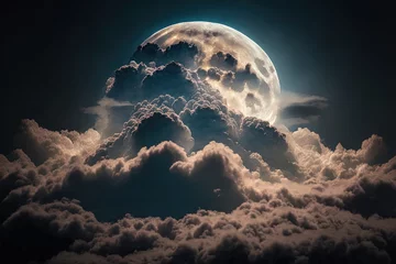 Papier Peint photo autocollant Pleine lune  a full moon is seen above a cloud filled sky with a dark cloud filled sky and a full moon. Generative AI