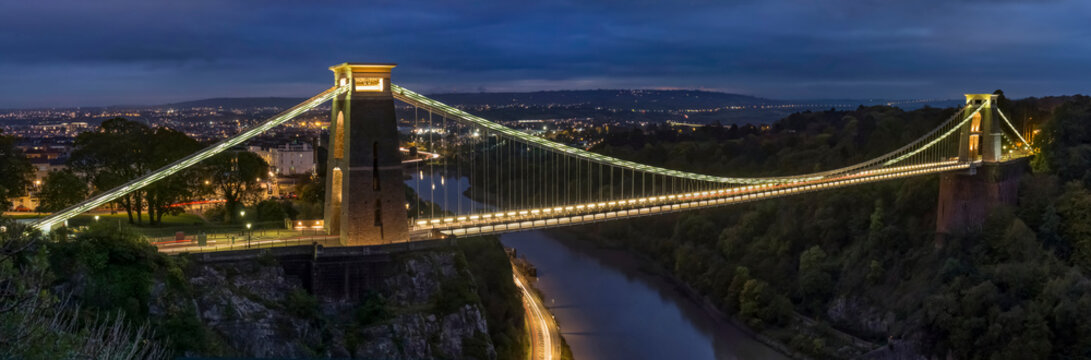 Clifton suspension bridge at dusk; Bristol, England