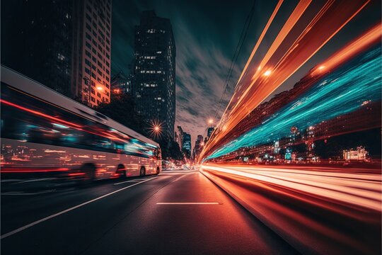  a city street with a bus and cars moving fast at night time with long exposure of the lights on the street. Generative AI