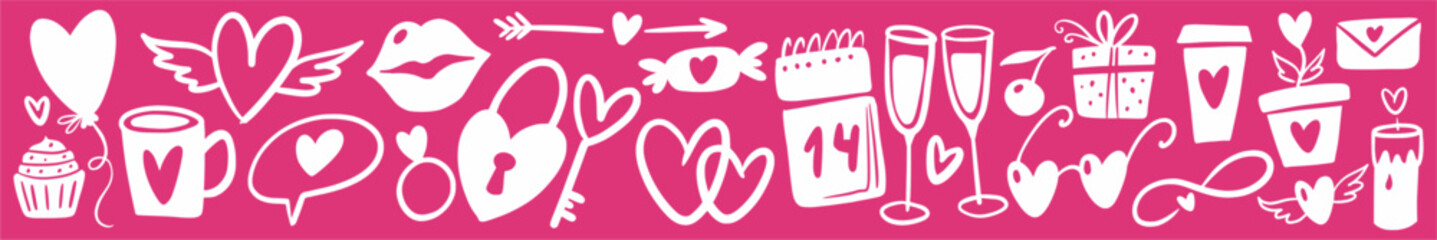 Horizontal vector illustration with a collection of elements for Valentine's Day, hand-drawn in doodle style