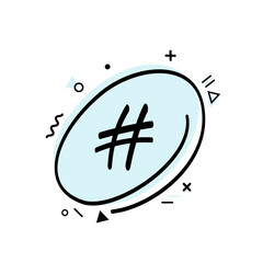 Hashtag sign in a bubble. linear black simple hashtag and memphis style elements. speech bubble icon blue background. information network. promotion, interesting message, icon, internet. Monochrome 
