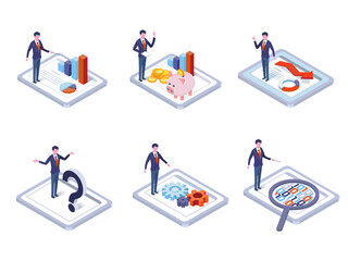 isometric illustration  of  set with businessman,graph,gear and tablet