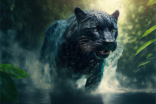  a black leopard with green eyes walking through water in a jungle area with trees and bushes in the background. Generative AI