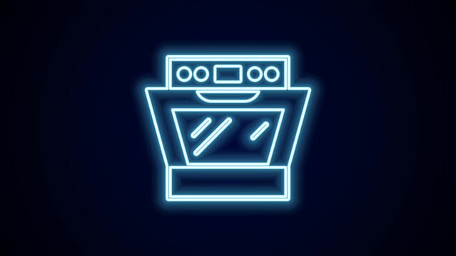 Glowing neon line Oven icon isolated on black background. Stove gas oven sign. 4K Video motion graphic animation