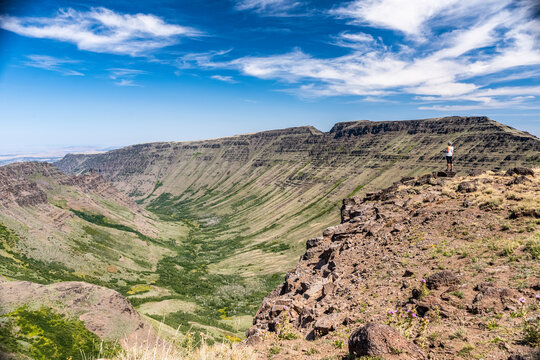 A woman looking out across the Kiger Gorge created by glaciers from a cliffs edge on Steens Mountain, Southeastern Oregon; Frenchglen, Oregon, United States of America