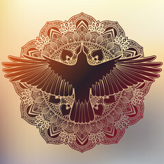 ornamental color mandala with silhouette crow decorative background