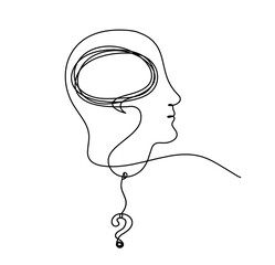 Man silhouette profile with question mark as line drawing on white background. Vector