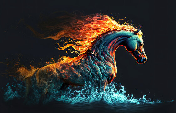 the horse gallops in the water with a burning mane on a black background