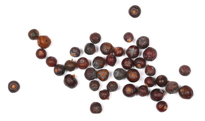 Dried juniper berries pile isolated on white, top view