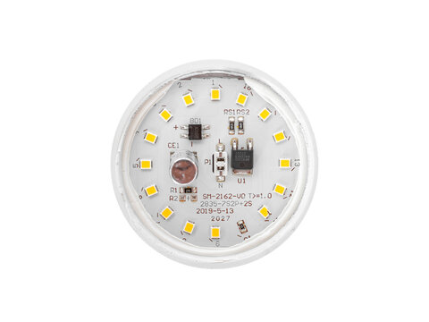 A round white LED lamp electrical board with SMD LEDs arranged in a circle and a step-down power converter circuit, isolated on a white background.