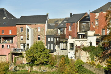 Vieilles bâtisses parfois avec ajouts modernes dominant les vignes en terrasses au centre historique de Thuin en Hainaut 