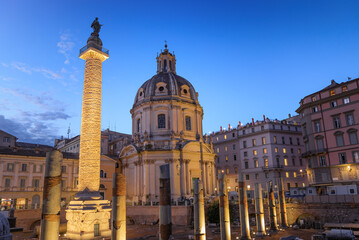Urban view of Rome: the Trajan’s Forum and the Church of the Most Holy Name of Mary, Italy.