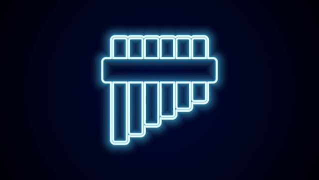 Glowing neon line Pan flute icon isolated on black background. Traditional peruvian musical instrument. Folk instrument from Peru, Bolivia and Mexico. 4K Video motion graphic animation