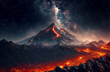 Night fiery mountain and volcanic landscape with lava stream. Postproducted generative AI digital illustration.