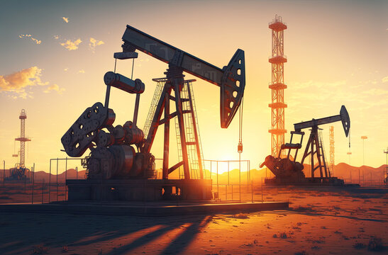 Oil pumps mined oil and gas at sunset. Postproducted generative AI digital illustration.