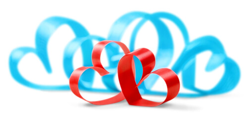 Close up of  red and blue ribbons on white background
