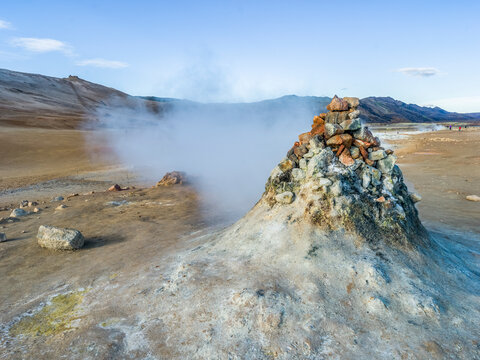 Geothermal spot noted for its bubbling pools of mud and steaming fumaroles emitting sulphuric gas; Skutustadahreppur, Northeastern Region, Iceland