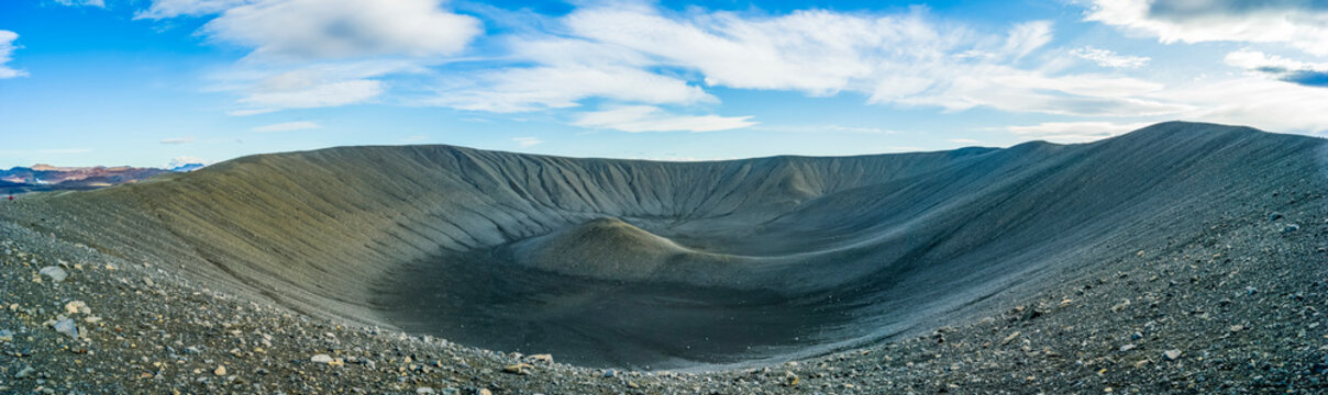 The Hverfjall crater, a tephra cone or tuff ring volcano in Northern Iceland.  The crater is approximately 1 kilometre in diameter; Skutustadahreppur, Northeastern Region, Iceland