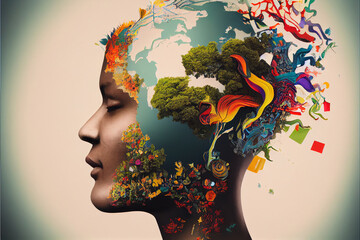 Concept of mental health, ecology, peace. Humanity's connection to nature. - obrazy, fototapety, plakaty