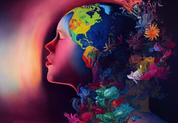 Concept of mental health, ecology, peace. Humanity's connection to nature.