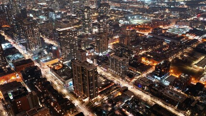 Fototapeta na wymiar Illuminated aerial city view of Chicago, Illinois at night. USA