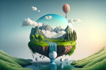 Surreal float landscape with waterfall paradise idea on blue sky cloud floating island with river stream on green grass with air balloon. Generative AI © LukaszDesign