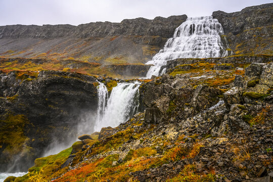 Dynjandi (also known as Fjallfoss) is a series of waterfalls located in the Westfjords, Iceland. The waterfalls have a total height of 100 metres; Isafjardarbaer, Westfjords, Iceland