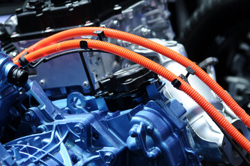 Electric car engine. Use electricity to drive. The piston cylinder works with gear teeth. Connected by hose energy of the future. New technology for the environment.