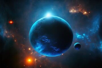 Obraz na płótnie Canvas Exoplanets amid the glow of a distant blue star, deep space. Genres of sci-fi writing that are abstract. NASA contributed to the picture by providing the elements shown here. Generative AI