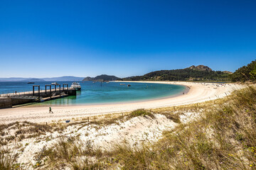 Beach of Rodas in Cies Islands, white sand and clear turquoise water, Galicia, Spain