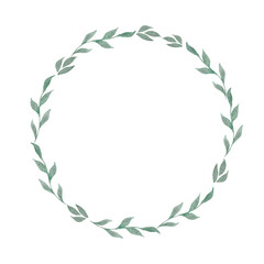 Watercolor illustration of round frame wreath of minimalistic green leaves isolated