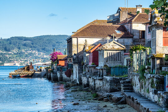Fishing village of Combarro with the typical granary horreos. Galicia, Spain.