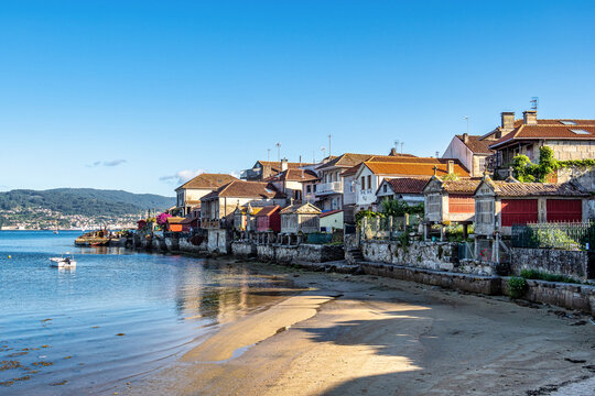 Fishing village of Combarro with the typical granary horreos. Galicia, Spain.