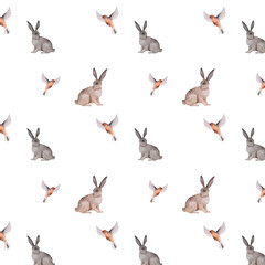Watercolor seamless pattern with cartoon hares and birds on a white background