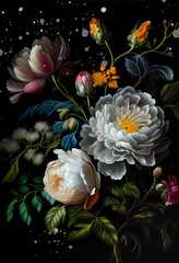Paint big flowers, black background. Floral print. Big flower bouquet hand painted in oil. Illustration