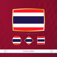 Set of Thailand flags with gold frame for use at sporting events on a burgundy abstract background.