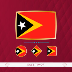 Set of East Timor flags with gold frame for use at sporting events on a burgundy abstract background.