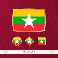 Set of Myanmar flags with gold frame for use at sporting events on a burgundy abstract background.