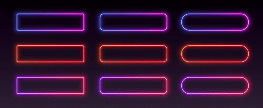Neon button frames, gradient glowing borders, isolated UI elements. Action button decoration with various corner radius. Vector illustration.