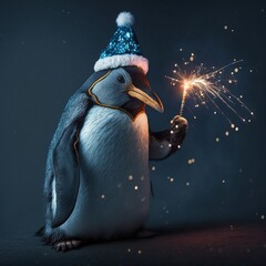 penguin in a santa hat on a blue background generative ai, ai
