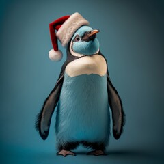 penguin in a santa hat on a blue background generative ai, ai