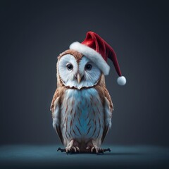 Generative AI - owl in santa hat, on a blue background