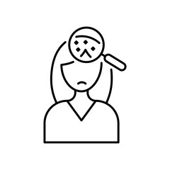 Dandruff and Magnifying Glass on the Head of pretty Woman.Disease and Treatment of the Scalp and Hair.Symptoms of dandruff.Flat color cartoon style. White background. eps 10