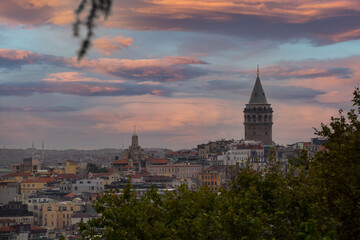 Naklejka premium View of Galata Tower of Istanbul in Turkey. Sky and cloud background. View of Istanbul. Turkish name: Galata Kulesi. August, 2022.
