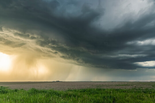The base of a supercell glows in the sunset as the parent updraft tower leans across the prairie; Arthur, Nebraska, United States of America