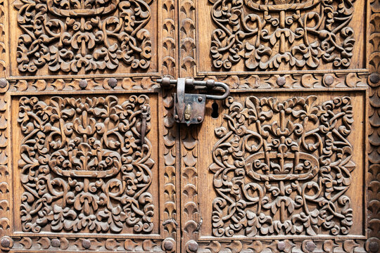 Carved wooden door at the Ethnography and Folklore Museum; La Paz, La Paz, Bolivia