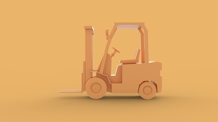 Yellow forklift truck for shipping and delivery transport wheel isolated on solid background right side view camera 3d illustration